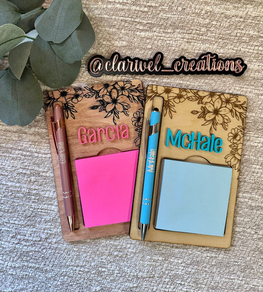 Sticky note holder with pen